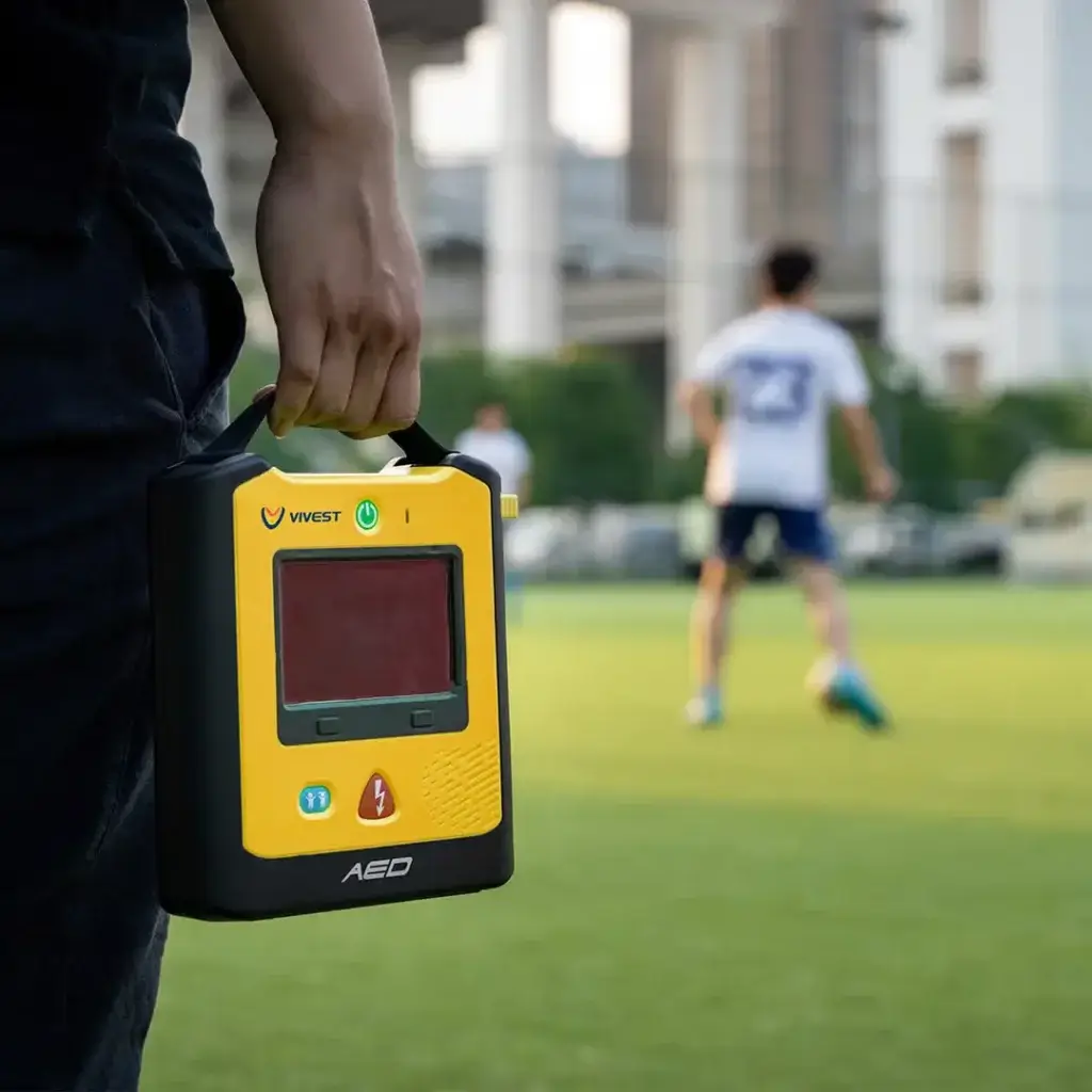 Hyra hjärtstartare 2 En Vivest X3 hjärtstartare vid en fotbollsplan.